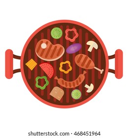 Meat and vegetables grilled. Cartoon flat vector illustration. Objects isolated on a white background.