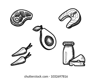 Meat and vegetables. Hand drawn icons set.