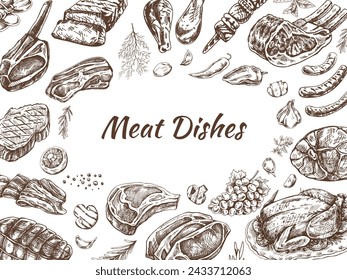 Meat and vegetables menu template in engraved vintage style. Hand-drawn sketches of barbecue meat pieces with herbs and seasonings. Background for meat restaurant. 