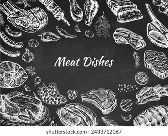 Meat and vegetables menu template in engraved vintage style. Hand-drawn sketches of barbecue meat pieces with herbs and seasonings on chalkboard background. 