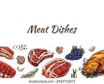 Meat and vegetables menu template in engraved vintage style. Hand-drawn colored, sketches of barbecue meat pieces with herbs and seasonings. Background for meat restaurant. 