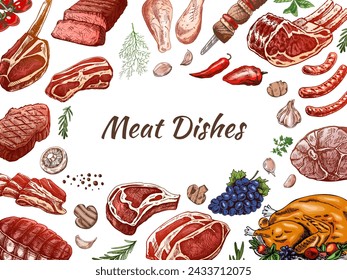 Meat and vegetables menu template in engraved vintage style. Hand-drawn colored, sketches of barbecue meat pieces with herbs and seasonings. Background for meat restaurant. 