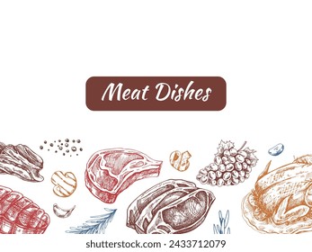 Meat and vegetables menu template in engraved vintage style. Hand-drawn colored, sketches of barbecue meat pieces with herbs and seasonings. Background for meat restaurant. 