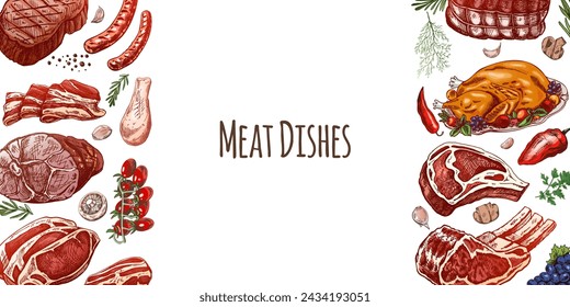 Meat and vegetables menu template in engraved vintage style. Hand-drawn colored sketches of barbecue meat pieces with herbs and seasonings. Background for meat restaurant.	