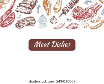 Plantilla de menú de carne y verduras en estilo vintage grabado. Dibujado a mano bocetos de colores de piezas de carne de barbacoa con hierbas y condimentos. Fondo para restaurante de carne.	