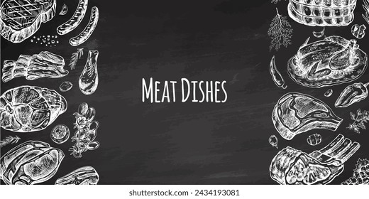 Meat and vegetables menu template in engraved vintage style. Hand-drawn sketches of barbecue meat pieces with herbs and seasonings on chalkboard background.