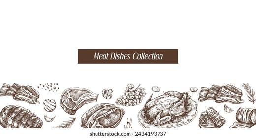 Meat and vegetables menu template in engraved vintage style. Hand-drawn sketches of barbecue meat pieces with herbs and seasonings. Background for meat restaurant.	