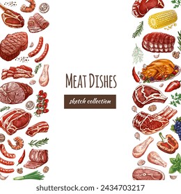 Fleisch und Gemüse Menüvorlage im gravierten Vintage-Stil. Handgezeichnete farbige Skizzen von Grillfleischstücken mit Kräutern und Gewürzen. Hintergrund für Fleisch-Restaurant.	