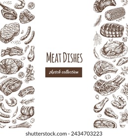 Meat and vegetables menu template in engraved vintage style. Hand-drawn sketches of barbecue meat pieces with herbs and seasonings. Background for meat restaurant..	