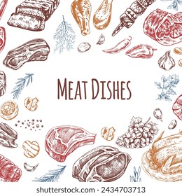 Fleisch und Gemüse Menüvorlage im gravierten Vintage-Stil. Handgezeichnete farbige Skizzen von Grillfleischstücken mit Kräutern und Gewürzen. Hintergrund für Fleisch-Restaurant.	