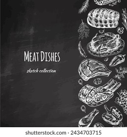 Meat and vegetables menu template in engraved vintage style. Hand-drawn sketches of barbecue meat pieces with herbs and seasonings on chalkboard background.	