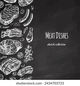 Meat and vegetables menu template in engraved vintage style. Hand-drawn sketches of barbecue meat pieces with herbs and seasonings on chalkboard background.	