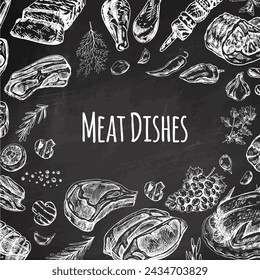 Meat and vegetables menu template in engraved vintage style. Hand-drawn sketches of barbecue meat pieces with herbs and seasonings on chalkboard background.	
