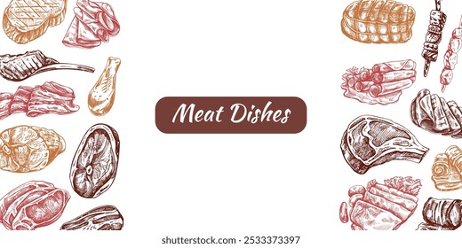 Meat and vegetables menu template in engraved vintage style. Hand-drawn sketches of barbecue meat pieces with herbs and seasonings. Background for meat restaurant.	