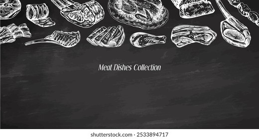 Meat and vegetables menu template in engraved vintage style. Hand-drawn sketches of barbecue meat pieces with herbs and seasonings. Background for meat restaurant.	