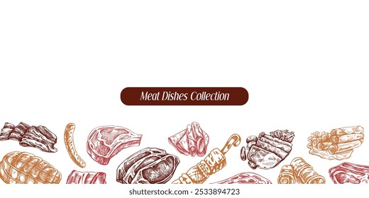 Modelo de menu de carne e legumes em estilo vintage gravado. Esboços à mão de pedaços de carne de churrasco com ervas aromáticas e temperos. Fundo para restaurante de carne.	