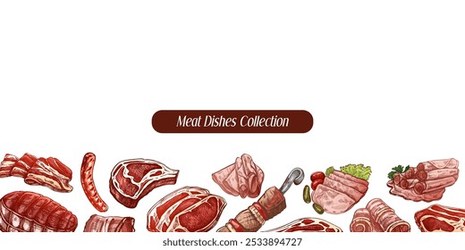 Modelo de menu de carne e legumes em estilo vintage gravado. Esboços à mão de pedaços de carne de churrasco com ervas aromáticas e temperos. Fundo para restaurante de carne.	