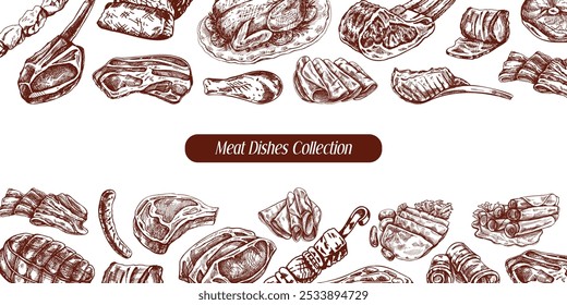 Meat and vegetables menu template in engraved vintage style. Hand-drawn sketches of barbecue meat pieces with herbs and seasonings. Background for meat restaurant.	