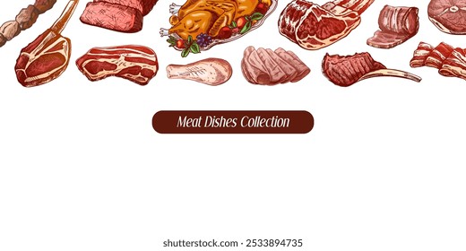 Meat and vegetables menu template in engraved vintage style. Hand-drawn sketches of barbecue meat pieces with herbs and seasonings. Background for meat restaurant.	