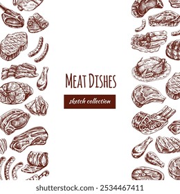 Meat and vegetables menu template in engraved vintage style. Hand-drawn sketches of barbecue meat pieces with herbs and seasonings. Background for meat restaurant..	