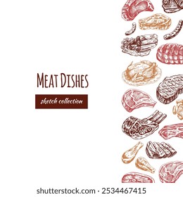 Meat and vegetables menu template in engraved vintage style. Hand-drawn sketches of barbecue meat pieces with herbs and seasonings. Background for meat restaurant..	