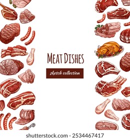 Meat and vegetables menu template in engraved vintage style. Hand-drawn sketches of barbecue meat pieces with herbs and seasonings. Background for meat restaurant..	