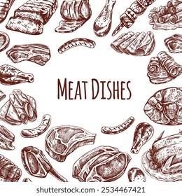 Plantilla de menú de carne y verduras en estilo vintage grabado. Bocetos dibujados a mano de piezas de carne de barbacoa con hierbas y condimentos. Antecedentes de restaurante de carne.	