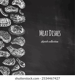 Modelo de menu de carne e legumes em estilo vintage gravado. Esboços à mão de pedaços de carne de churrasco com ervas aromáticas e temperos. Fundo para restaurante de carne..	