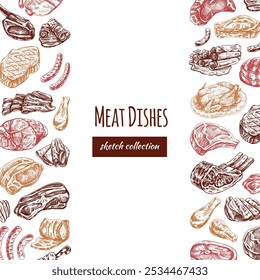 Meat and vegetables menu template in engraved vintage style. Hand-drawn sketches of barbecue meat pieces with herbs and seasonings. Background for meat restaurant..	