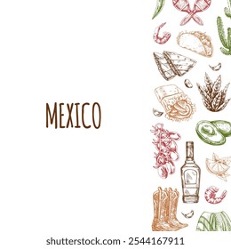 Meat and vegetables menu template in engraved vintage style. Hand-drawn sketches of barbecue meat pieces with herbs and seasonings. Background for meat restaurant..	