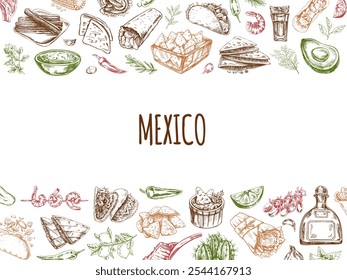 Meat and vegetables menu template in engraved vintage style. Hand-drawn sketches of barbecue meat pieces with herbs and seasonings. Background for meat restaurant.	