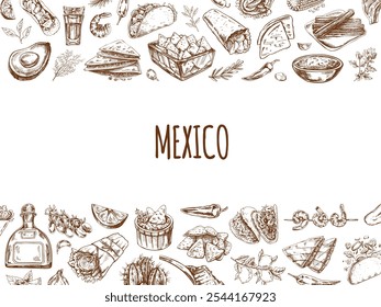Meat and vegetables menu template in engraved vintage style. Hand-drawn sketches of barbecue meat pieces with herbs and seasonings. Background for meat restaurant.	