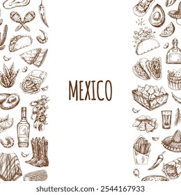 Meat and vegetables menu template in engraved vintage style. Hand-drawn sketches of barbecue meat pieces with herbs and seasonings. Background for meat restaurant..	
