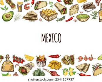 Meat and vegetables menu template in engraved vintage style. Hand-drawn sketches of barbecue meat pieces with herbs and seasonings. Background for meat restaurant.	
