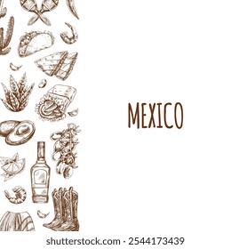Meat and vegetables menu template in engraved vintage style. Hand-drawn sketches of barbecue meat pieces with herbs and seasonings. Background for meat restaurant..	