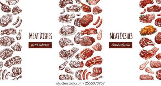 Meat and vegetables menu template in engraved vintage style. Hand-drawn sketches of barbecue meat pieces with herbs and seasonings. Background for meat restaurant.	