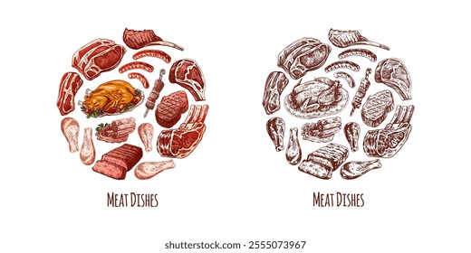 Meat and vegetables menu template in engraved vintage style. Hand-drawn sketches of barbecue meat pieces with herbs and seasonings. Background for meat restaurant.	