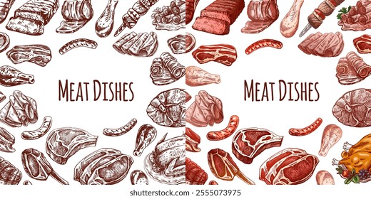 Meat and vegetables menu template in engraved vintage style. Hand-drawn sketches of barbecue meat pieces with herbs and seasonings. Background for meat restaurant.	