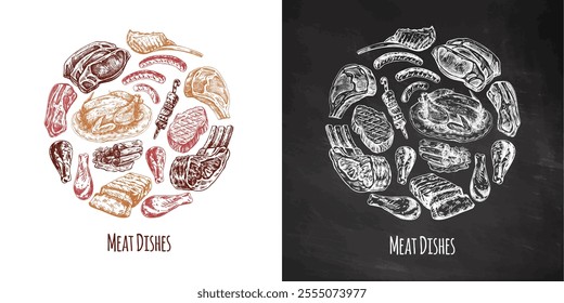 Meat and vegetables menu template in engraved vintage style. Hand-drawn sketches of barbecue meat pieces with herbs and seasonings. Background for meat restaurant.	