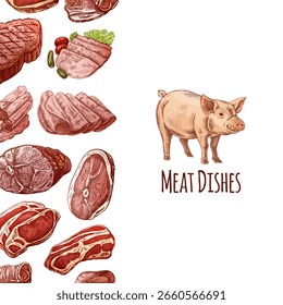 Plantilla de menú de carne y verduras en estilo vintage grabado. Bocetos dibujados a mano de piezas de carne de barbacoa con hierbas y condimentos. Antecedentes de restaurante de carne.	
