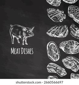 Menüvorlage Fleisch und Gemüse im eingravierten Vintage-Stil. Handgezeichnete Skizzen von Grillfleischstücken mit Kräutern und Gewürzen. Hintergrund des Fleischrestaurants.	