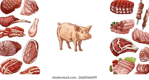 Meat and vegetables menu template in engraved vintage style. Hand-drawn sketches of barbecue meat pieces with herbs and seasonings. Background for meat restaurant.	