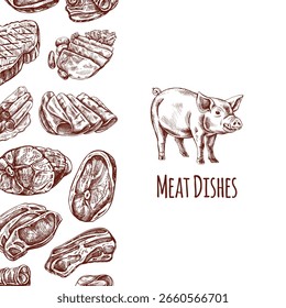 Meat and vegetables menu template in engraved vintage style. Hand-drawn sketches of barbecue meat pieces with herbs and seasonings. Background for meat restaurant..	