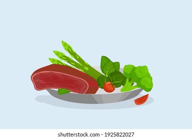 Meat and vegetables on plate. Juicy nutritious brown beefsteak with red tomatoes and green lettuce vector cabbage.