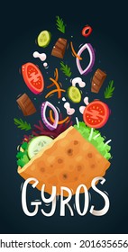 Meat Vegetables And Other Ingredients Falling In Bread Pita. Vector Illustration Of Delicious Fresh Gyros Sandwich.