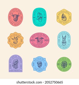 Meat Vegetables and Poultry Farm Retro Framed Badges or Logo Templates Collection. Hand Drawn Domestic Animals and Birds Sketches with Retro Typography. Vintage Sketch Emblems Set. Isolated.