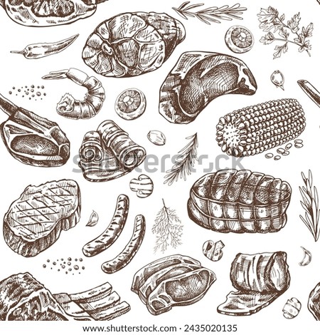 Meat and vegetables seamless pattern in engraved vintage style. Hand-drawn monochrome pattern of barbecue meat pieces with herbs and seasonings. Sketches for meat restaurant.