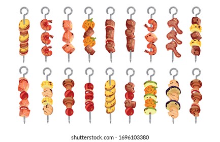 Meat and Vegetables Skewered on Metal Spits Vector Set