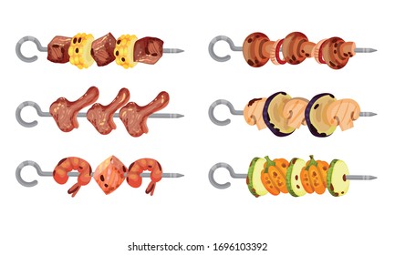 Meat and Vegetables Skewered on Metal Spits Vector Set