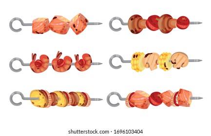 Meat and Vegetables Skewered on Metal Spits Vector Set